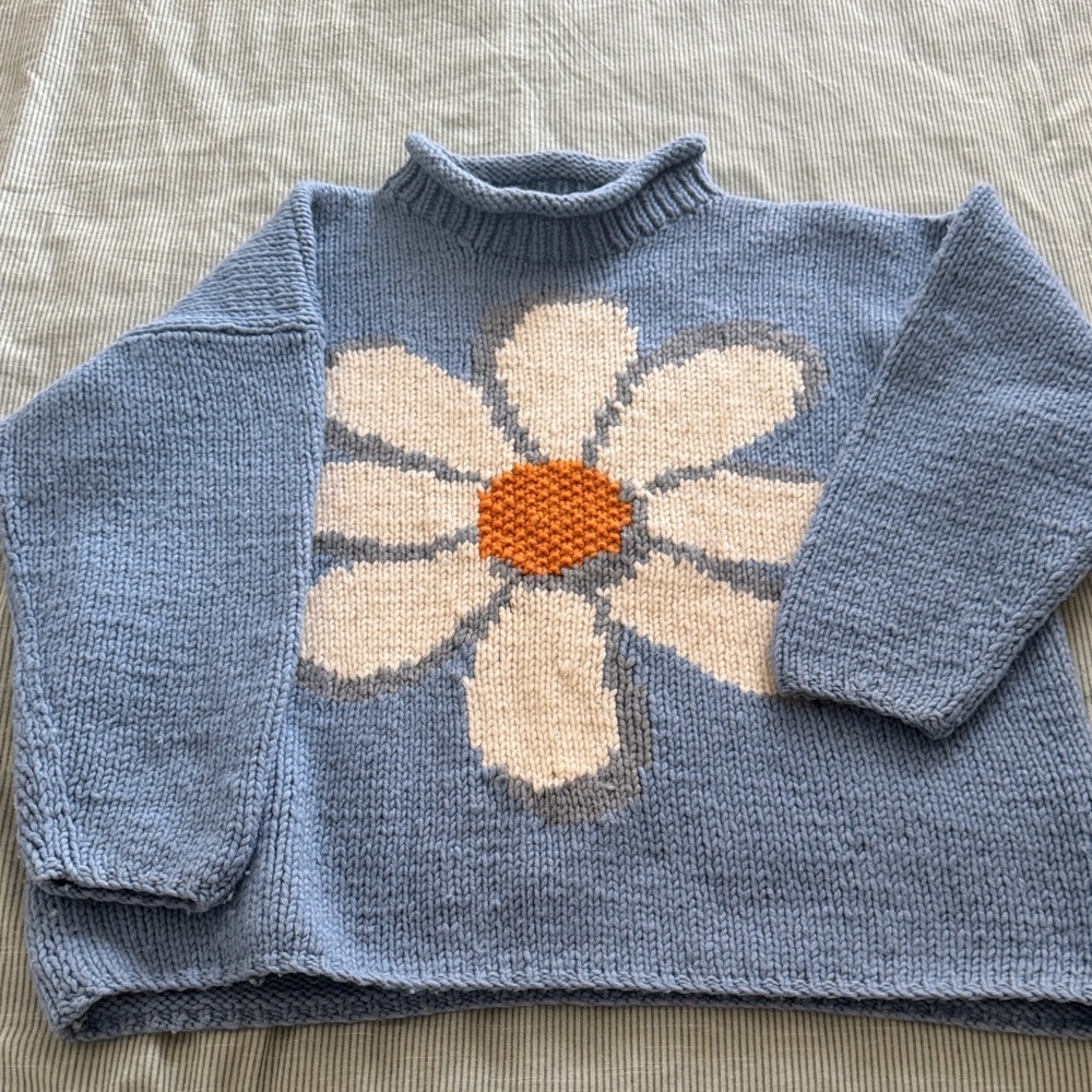 Cozy Floral Knit Turtleneck Sweater - Blue and Cream